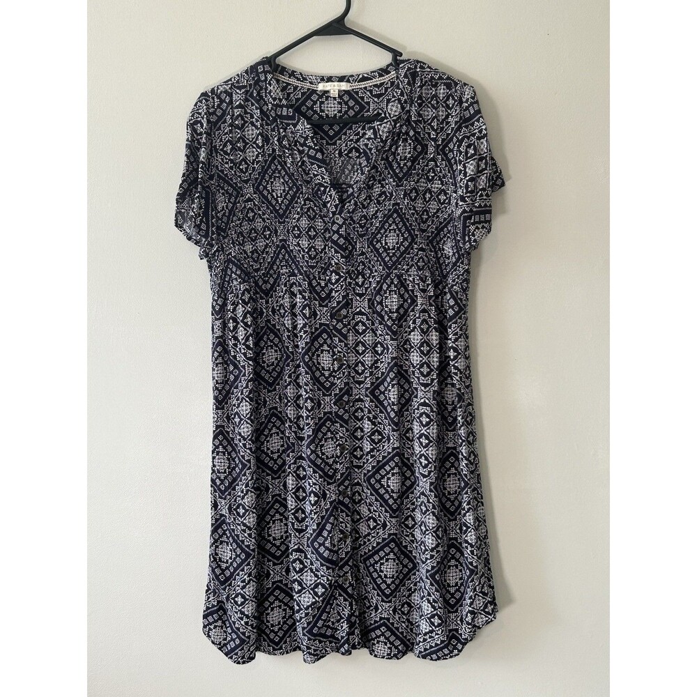 Kate & Sam Women's M Midi Dress V-Neck Navy White Button Up Elastic Waist Smock